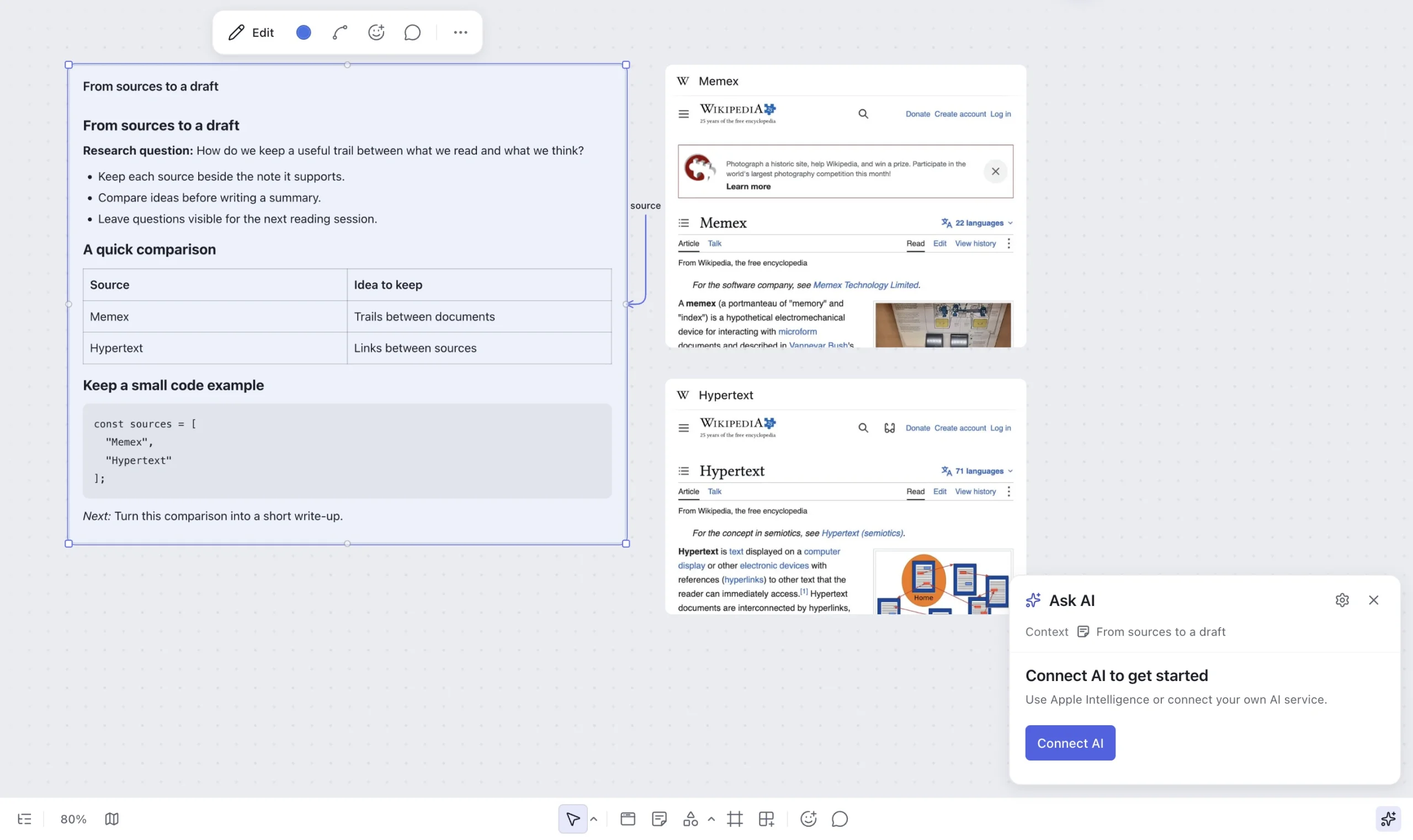 Broadser for Mac with a selected research note and the optional AI panel showing its context and Connect AI setup.